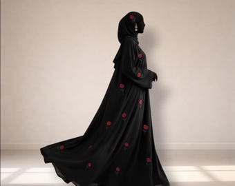 Designer Rose Embroidered Abaya with Matching Hijab - Perfect for Eid, Parties & Gatherings