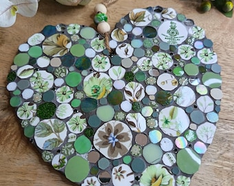 Green & White Mosaic Heart | Handmade Wall Art | Vintage China Mosaic | Unique Gift Idea | Home Decor UK | One of a Kind Art