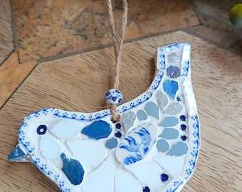 Mini hanging blue and white mosaic bird keepsake gift