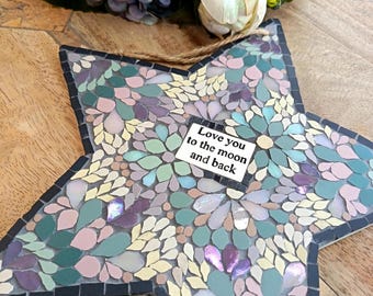 Mosaic Star Wall Art – "Love You to the Moon and Back", Handmade Ceramic Tile Decor