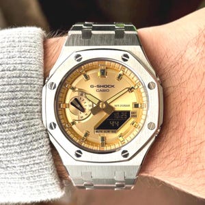 Custom Casio G-Shock GA-2100 CasiOak Mod – Gold Dial Silver Steel Bracelet