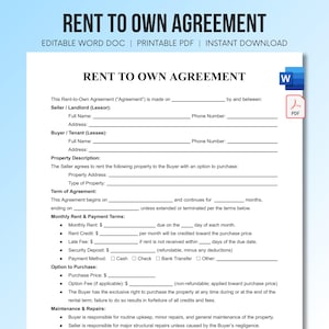 May include: A Rent to Own Agreement document template featuring sections for Seller and Buyer information, property description, term of agreement, monthly rent and payment terms, option to purchase, and maintenance responsibilities with Word and PDF icons.