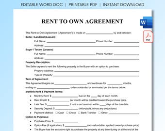 Rent to Own Agreement Template | Editable Lease to Own Contract | Printable Purchase Option Form | Instant Download Word Doc