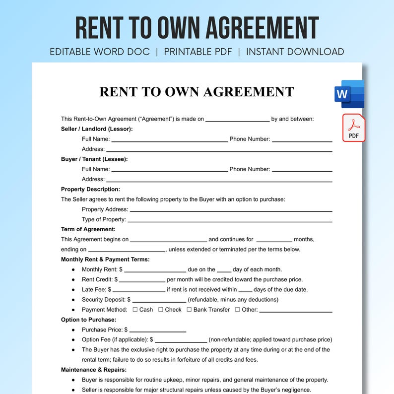 Rent to Own Agreement Template | Editable Lease to Own Contract ...