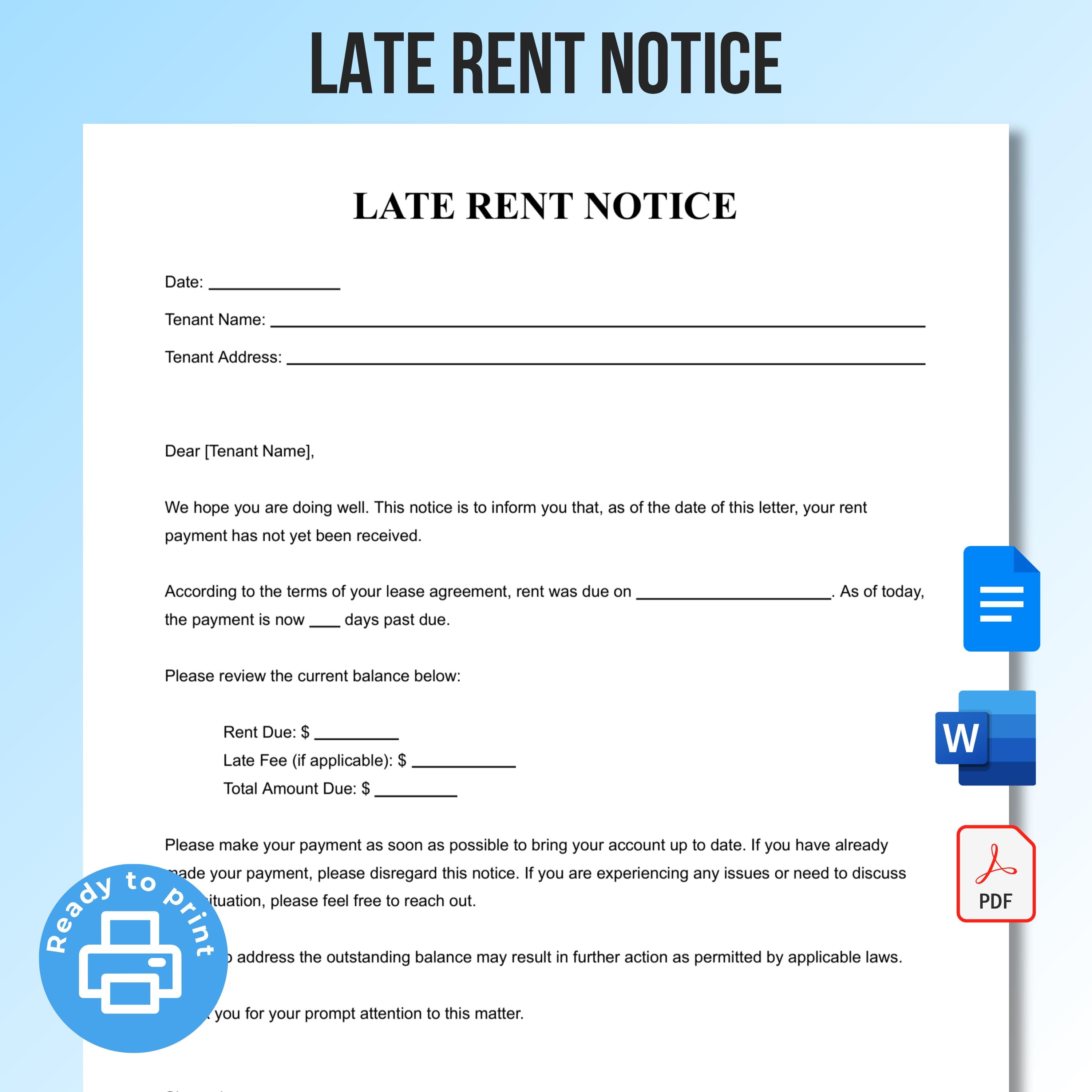Late Rent Notice Template | Printable Fillable PDF & Word | Past Due ...