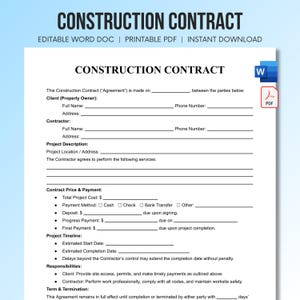 May include: A white construction contract document featuring black text with fields for client and contractor information, project description, payment terms, and project timeline. Includes icons for Word and PDF file formats at the top right.