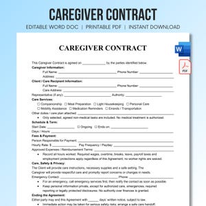 Pode incluir: Um documento branco intitulado Caregiver Contract com linhas em branco para informações do cuidador e cliente, serviços, cronograma e termos de pagamento. Ícones de formato de arquivo Word e PDF aparecem no canto superior direito.