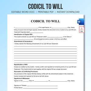Codicil to Will Template | Editable Last Will Amendment Form | Printable Will Codicil Document | Instant Download Word Doc