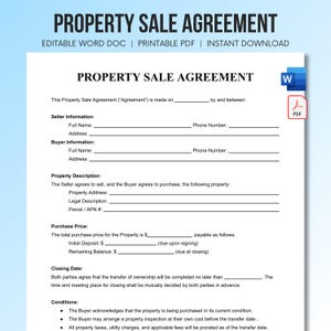 One Page Property Sale Agreement, Editable Purchase Contract Template, Printable Real Estate Bill of Sale, Home Sale Form, PDF & Word