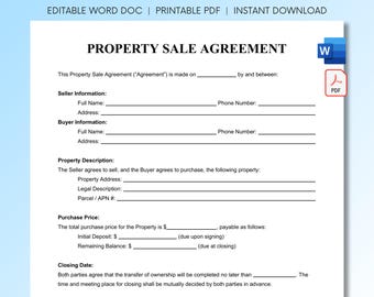 One Page Property Sale Agreement, Editable Purchase Contract Template, Printable Real Estate Bill of Sale, Home Sale Form, PDF & Word