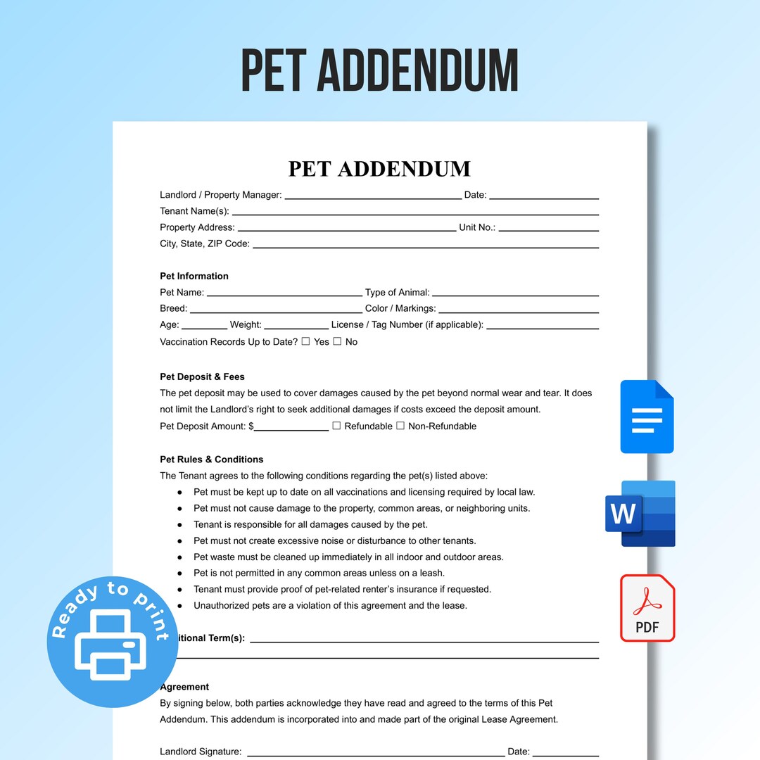 Pet Addendum to Lease | Pet Agreement Rental Template | Printable PDF ...
