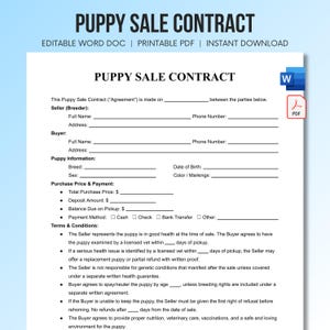 以下が含まれることがあります： 販売者と購入者の情報、子犬の詳細、購入価格、支払い方法、利用規約の記入欄がある白黒の子犬売買契約書。WordおよびPDFファイル形式のアイコンが含まれています。