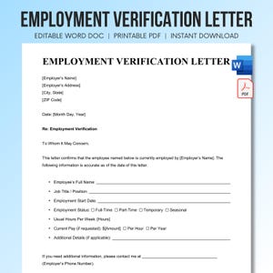 May include: A digital template for an Employment Verification Letter featuring black text on a white background. The document includes placeholders for employer details, employee name, job title, start date, status, hours, and pay, with Word and PDF icons.