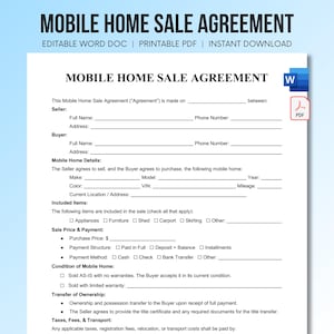 Può includere: Un modello di documento per un contratto di vendita di una casa mobile con testo nero su sfondo bianco. Il modulo include sezioni per le informazioni del venditore e dell'acquirente, i dettagli della casa mobile, gli articoli inclusi e il trasferimento.