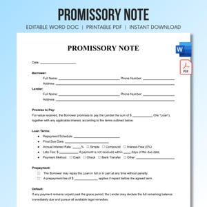 Peut inclure: Un modèle de billet à ordre numérique comprenant des champs pour la date, les informations sur l'emprunteur et le prêteur, les conditions du prêt, le calendrier de remboursement, les taux d'intérêt et les clauses de défaut.