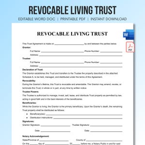 May include: A Revocable Living Trust legal document template featuring sections for Grantor, Trustee, Declaration of Trust, Revocability, Trustee Powers, Beneficiaries, Signatures, and Notary Acknowledgement. Includes Word and PDF file icons.