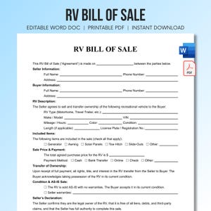 May include: A white RV Bill of Sale document template featuring sections for seller and buyer information, vehicle description, included items, sale price, payment method, and transfer of ownership, with Word and PDF icons displayed on the side.