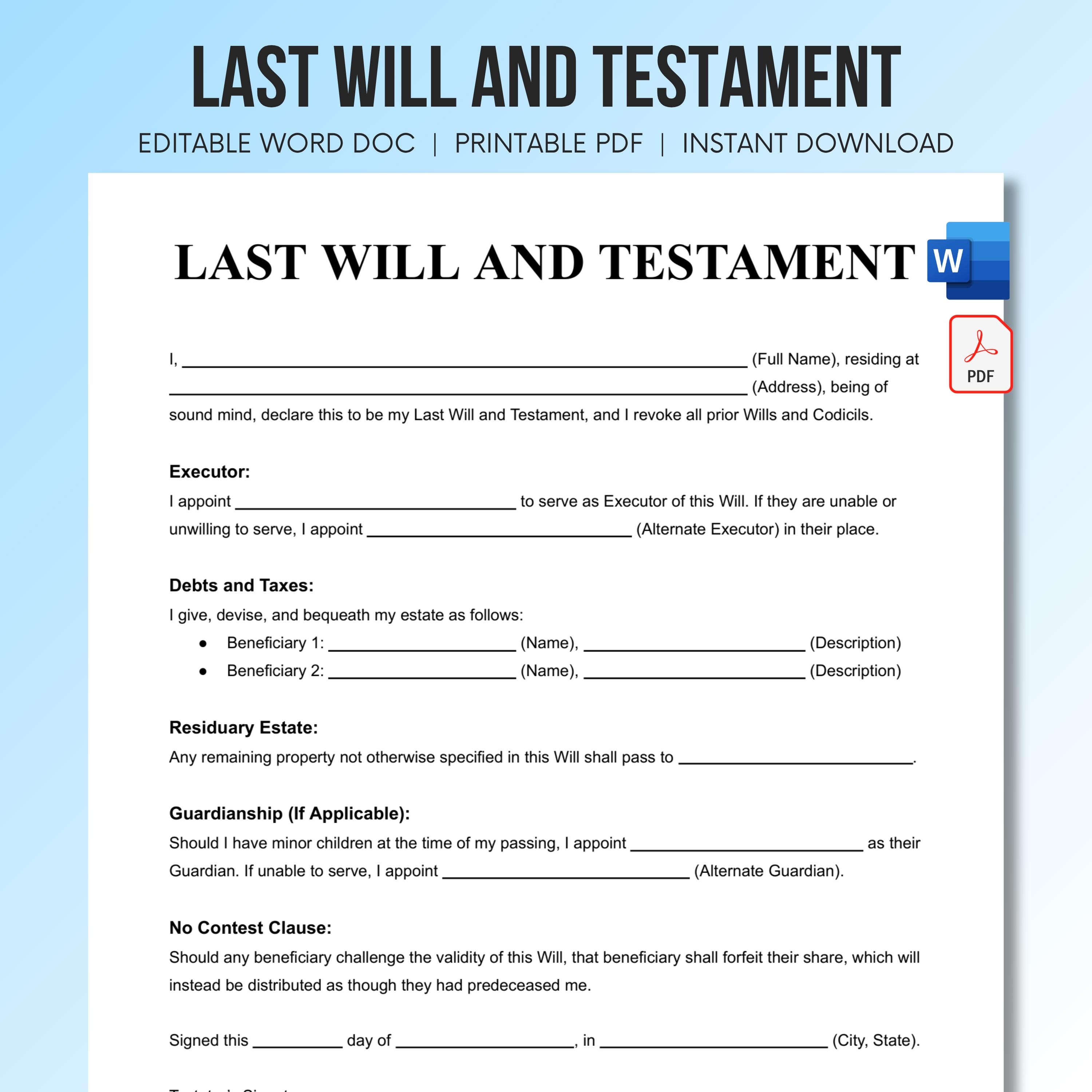 One Page Last Will and Testament Template, Editable Legal Testament Form, Printable Personalized Will, End of Life Planning Document