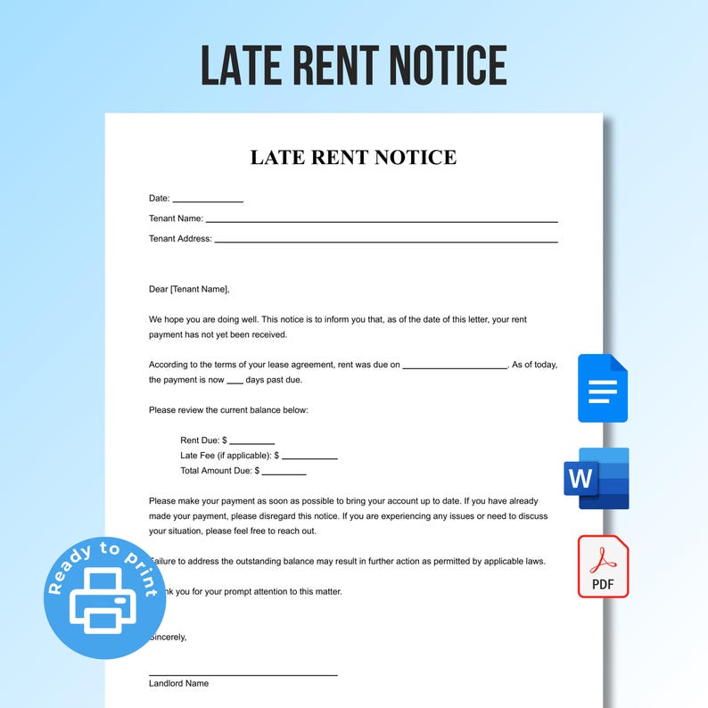 Late Rent Notice Template | Printable Fillable PDF & Word | Past Due ...