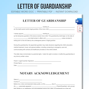 Letter of Guardianship Template | Editable Temporary Guardianship Form | Printable Child Care Authorization | Instant Download Word Doc
