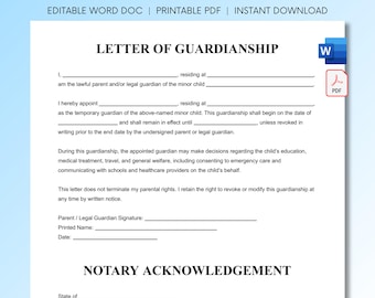 Modèle de lettre de tutelle | Formulaire modifiable de tutelle temporaire | Autorisation de garde d'enfants imprimable | Téléchargement instantané Word Doc