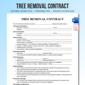 Tree Removal Contract Template, Tree Removal Service Form, Arborist Agreement, Tree Care Contract, Printable PDF, Editable, Instant Download