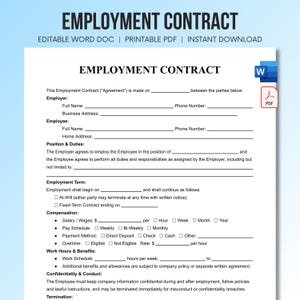 Puede incluir: Una plantilla digital de contrato de trabajo con texto negro sobre fondo blanco, que incluye líneas en blanco para los datos del empleador y empleado, remuneración y horarios, con iconos de archivos Word y PDF en la parte superior.