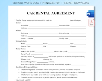 Sjabloon autoverhuurovereenkomst, afdrukbaar voertuighuurcontract, bewerkbare pdf en Word autoverhuurformulier, overeenkomst privéauto