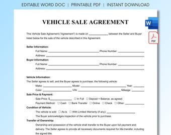 Vehicle Sale Agreement Form | Printable Vehicle Sales Contract | Bill of Sale Template | Editable Auto Title Transfer | PDF & Word