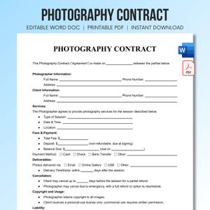 Peut inclure: Un modèle de contrat de photographie comprenant des sections pour les informations du photographe et du client, les services, les frais, le paiement, les livrables, l'annulation, le droit d'auteur et l'utilisation. Inclut des icônes Word et PDF.