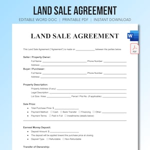 Land Sale Agreement Template | Editable Real Estate Purchase Contract | Printable Land Purchase Form | Instant Download Word Doc