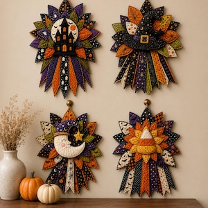 May include: Four quilted fabric wall hangings featuring Halloween motifs including a haunted house, a witch hat, a smiling crescent moon, and a piece of candy corn. Each piece is constructed from layered, pointed fabric petals in orange, purple, black, and green patterns.