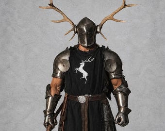 Set di armatura medievale da cavaliere con corna di cervo, elmo fantasy da cervo, guerriero vichingo, costume per LARP e cosplay.