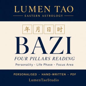 Puede incluir: Gráfico digital con el texto "LUMEN TAO EASTERN ASTROLOGY" en letras doradas. La palabra "BAZI" está en letras grandes de color azul oscuro. Debajo, se lee "FOUR PILLARS READING" y "Personality, Life Phase, Focus Area."