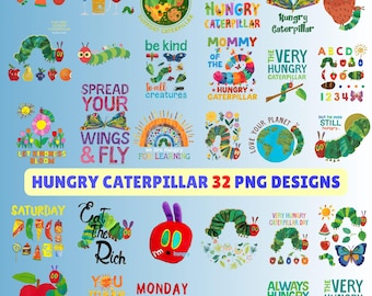 32 diseños PNG de La Oruga Hambrienta, imágenes prediseñadas PNG de La Oruga Muy Hambrienta, descarga digital