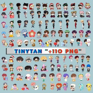 May include: A collection of over 110 digital stickers featuring chibi-style characters and animals in various outfits, poses, and holiday themes. The central text reads TINYTAN +110 PNG. The characters have diverse hair colours and expressions.