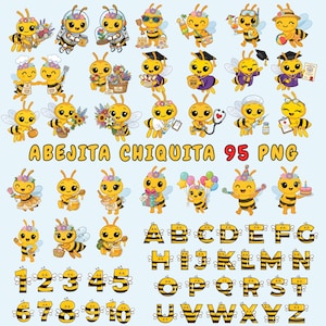 Può includere: Una collezione di 95 immagini PNG con api dei cartoni animati in vari abiti e pose. Le api sono gialle e nere, con facce sorridenti e accenti floreali. L'immagine include l'alfabeto, i numeri e il testo "Abejitia Chiquita".
