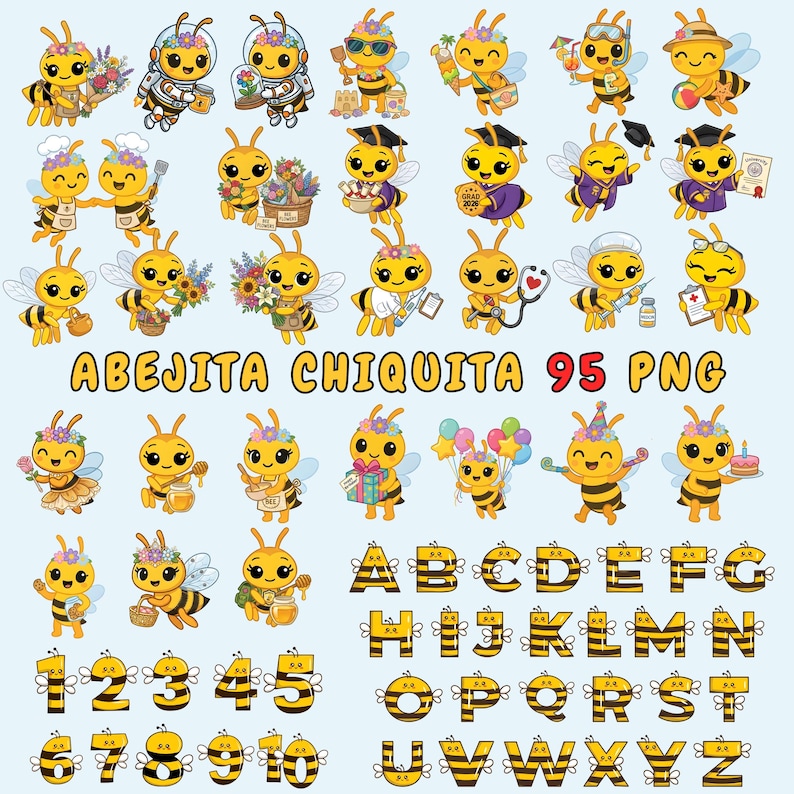 Pode incluir: Uma cole&ccedil;&atilde;o de 95 imagens PNG com abelhas de desenho animado em v&aacute;rias roupas e poses. As abelhas s&atilde;o amarelas e pretas, com rostos sorridentes e detalhes florais. A imagem inclui o alfabeto, n&uacute;meros e o texto "Abejitia Chiquita".