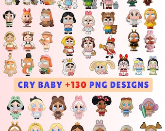 Pacote com mais de 130 imagens PNG de bebês chorando, incluindo imagens de caixas surpresa e designs de clipart da Popmart (download digital).