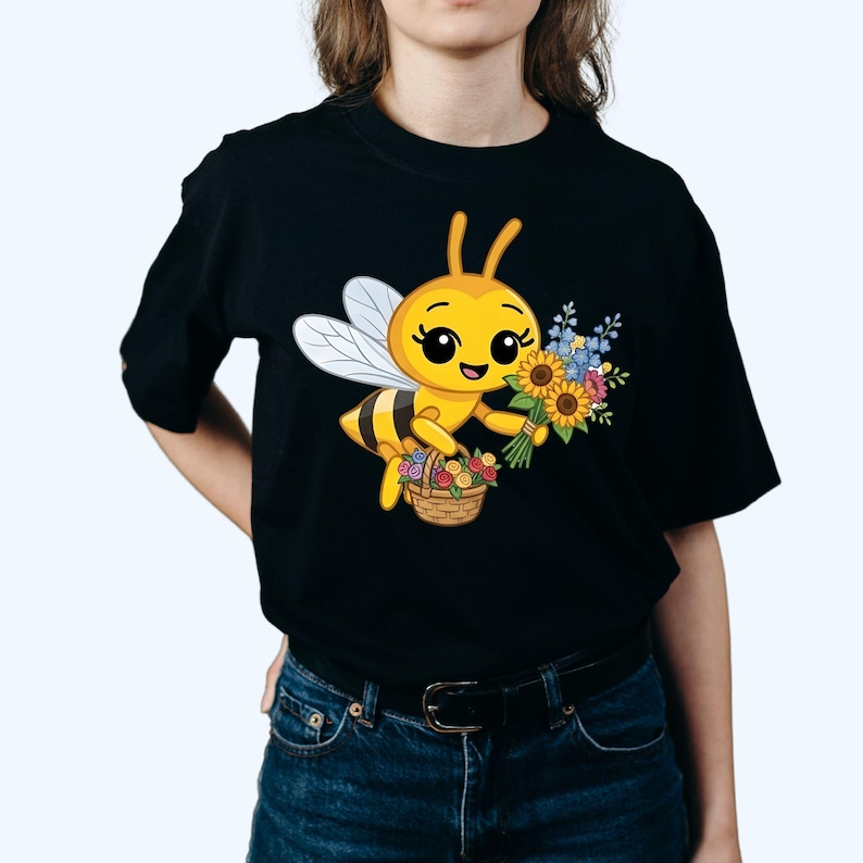 Pode incluir: Camiseta preta com um desenho de abelha de desenho animado. A abelha, amarela e preta, carrega uma cesta e um buqu&ecirc; de flores, incluindo girass&oacute;is. A camiseta &eacute; usada por uma pessoa. As flores s&atilde;o de v&aacute;rias cores.