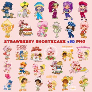 Peut inclure: Une collection d'illustrations de personnages de Strawberry Shortcake dans diverses poses, avec le texte "STRAWBERRY SHORTECAKE +90 PNG". Les personnages sont représentés dans des couleurs vives, avec un fond rose. Certaines images incluent du texte comme "JINGLE ALL THE WAY" et "GIRL POWER".
