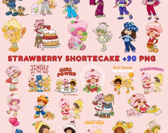 Pacote com mais de 90 imagens PNG da Moranguinho, incluindo desenhos animados dos anos 90, amigas da Moranguinho, laço charmoso e adesivos vintage.