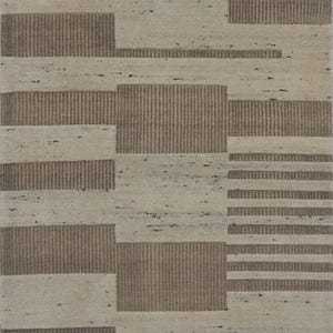 May include: A rectangular area rug featuring a geometric pattern of alternating taupe and cream-colored blocks. The taupe sections display a fine, vertical ribbed texture, while the cream sections have a speckled, heathered appearance.