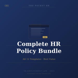 Può includere: Grafica blu scuro con il testo bianco "Complete HR Policy Bundle". L'immagine include il testo "All 12 Templates Best Value" e "UK EMPLOYMENT LAW - 2025 EDITABLE WORD TEMPLATE". Una piccola grafica di cartella in alto.