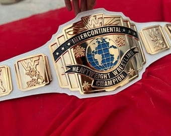 Klassischer WWF InterContinental Cup Replikat Gürtel aus Weissem & Schwarzen Leder & 4 mm Zink Gold