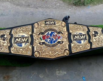 AEW International Championship Replica Belt – Gold Plated Zinc Plates, Leather Strap