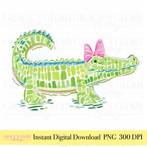 May include: A digital illustration of a green alligator with a mosaic-style pattern, featuring a pink bow on its head and a curved tail. The text GRACE N GLORY Gallery is repeated in the background, and the bottom text reads Instant Digital Download PNG 300 DPI.
