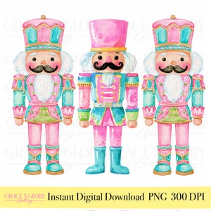 Puede incluir: Tres figuras de cascanueces en acuarela de color rosa y turquesa. Los dos cascanueces exteriores llevan coronas ornamentadas, mientras que la figura central lleva un sombrero rosa alto. Todos tienen bigotes negros y barbas blancas.