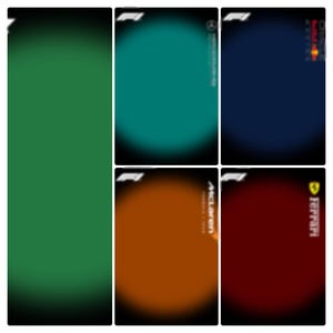 May include: A collection of five rectangular Formula 1 themed cards. The cards feature solid green, teal, dark blue, orange, and red backgrounds. Each card displays the F1 logo at the top and specific team branding including Mercedes, Red Bull, McLaren, and Ferrari.