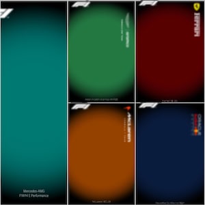 Könnte beinhalten: Eine Sammlung von fünf rechteckigen Formel-1-Team-Postern mit dem Mercedes-AMG F1W14 E Performance in Petrol, dem Aston Martin Aramco AM23 in Grün, dem Ferrari SF-24 in Rot, dem McLaren MCL38 in Orange und dem Oracle Red Bull Racing RB20 in Dunkelblau.